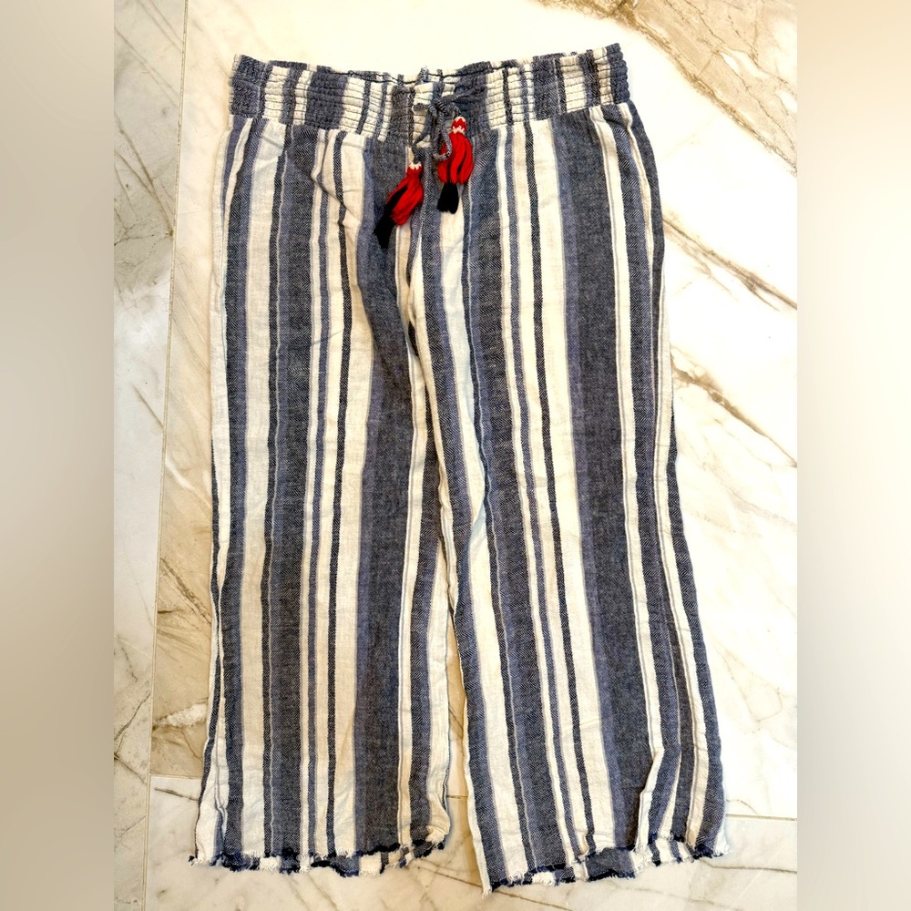 INDIGO REIN Striped Linen Beach Pants w/ Elastic Waistband -Red, White, & Blue L